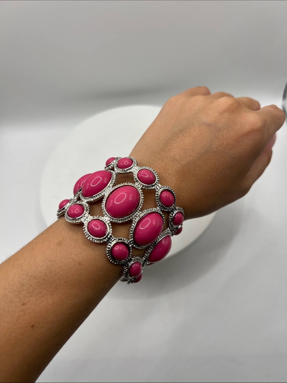 636. Cara New York Silver-Tone Pink Statement Cuff Bracelet 6 1/2” - 8 1/2”
